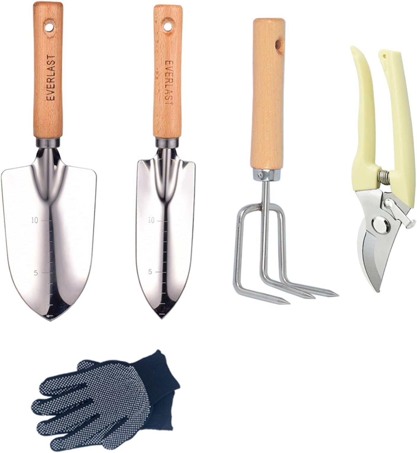 Xie Stainless Steel Garden Tool Set, Garden Planting Combination Tool, Including Trowel, Transplanting Knife, Cultivator Rake, Branch Scissor, Antiskid Gloves