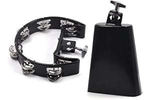 Seteol 7 Inch Cowbell & Mountable Tambourine Kit, Cowbell for Drum Set, Hand Held Mountable Tamborines for Musical Instrument Adult, Cowbell Percussion Accessory, Add-On for Drum Sets