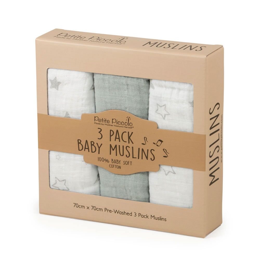 Petite Piccolo Baby Muslins, Moon and Stars, Pack of 3