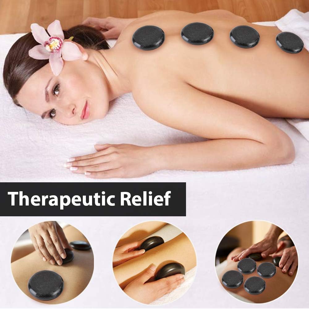 Portable Massage Stone Warmer Set - Electric Spa Hot Stones Massager Heater Kit 6 Large 6 Small Round Shaped Basalt Massaging Rocks, Digital Controller Heating Bag - SereneLife PSLMSGST40