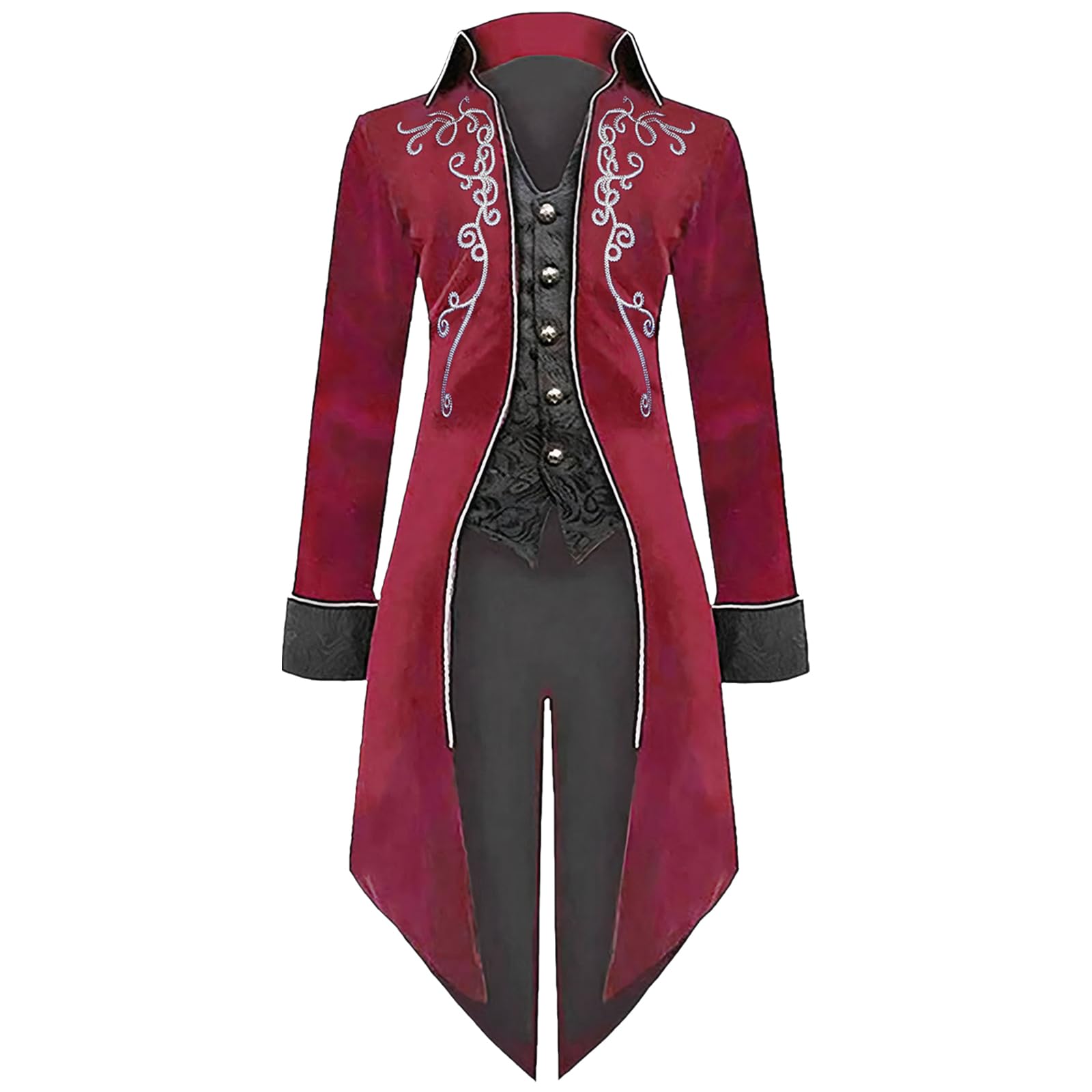 MVFEUIJ Men's Vintage Gothic Tailcoat, Medieval Steampunk Jacket, Male Victorian Renaissance Retro Vintage Embroidery Coat Halloween Party Cosplay Pirate Vampire Costumes for Adult (Red, L)