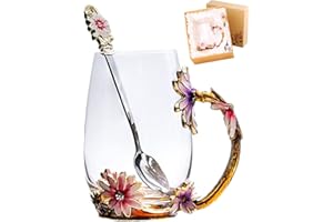 Glass Tea Cup, Mother's Day Gift Handmade Enamel Daisy Flower Coffee Cup Set with Handle, Unique Personalized Birthday Gift I