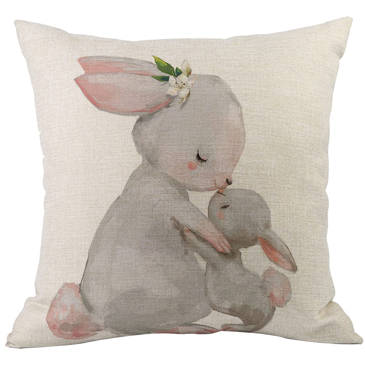 CANSEGO Rabbit Pillow Covers Cases Cute Animal Hare Mom with Little Grey Bunny Flower Leaves Throw Pillow Cushion Cotton Linen 18x18 Inch Home Decor Couch Desk Bedroom