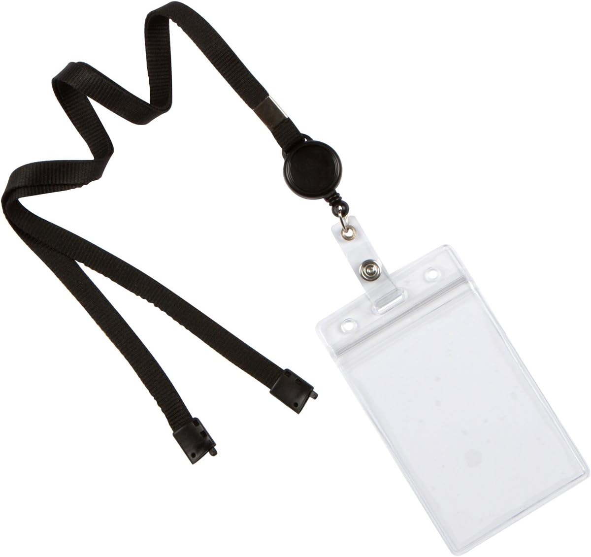 Lovely Lanyards Neck Lanyard with Retractable Reel, Breakaway Clasp and Clear Plastic Vertical ID Badge Holder, Black, Pack of 10