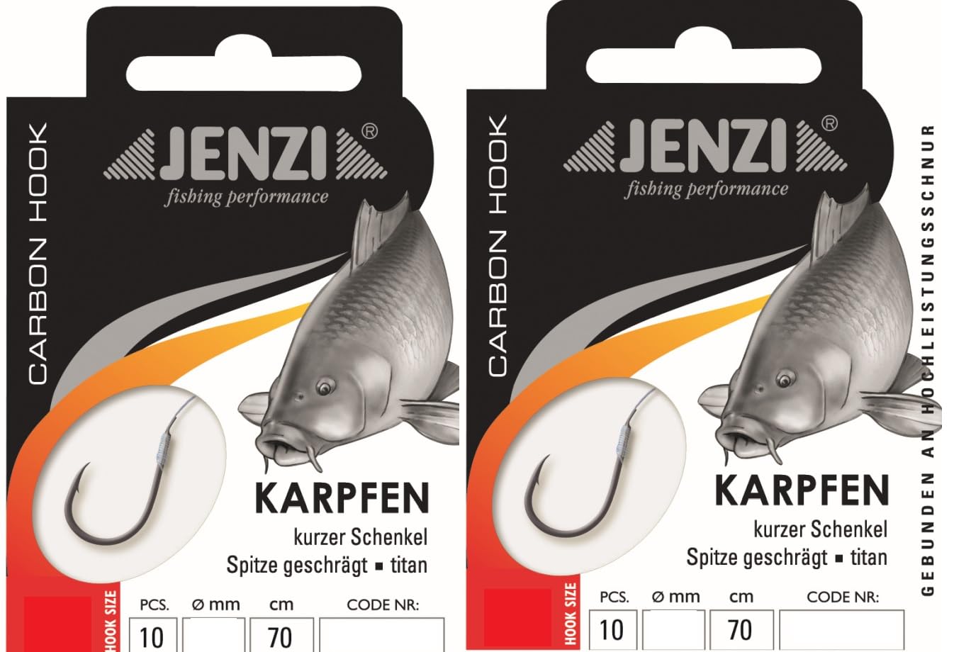 Set: 2 packs of tied hooks carp fishing by Jenzi, all-round hooks, carp (20 pieces) on mono line leader ready + free Petri Heil! sticker (hook size 10)
