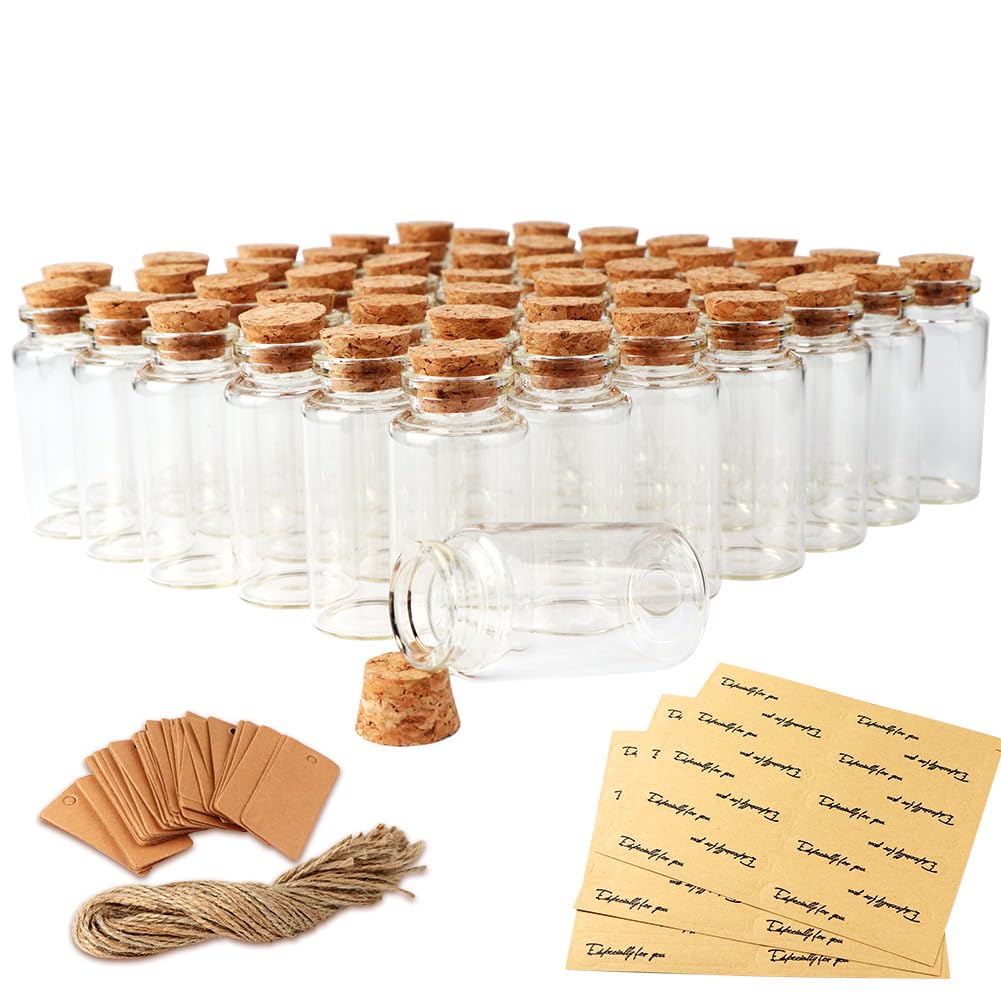 Photo 1 of OurWarm 32PCS 40ml Small Glass Bottles with Cork Lids, Mini Jars Glass Vials with Wooden Corks Tags & Twines, Small Potion Message Bottles for Birthday Wedding Baby Shower DIY Crafts Gift Party Favors