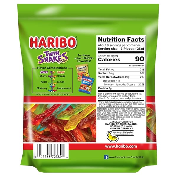 HARIBO GUMMI CANDY, TWIN SNAKES SWEET & SOUR GUMMY CANDY, 8.3 OUNCE RESEALABLE SHARE SIZE STAND UP BAG, SOFT & CHEWY SNACKS, ASSORTED FRUITY FLAVORS