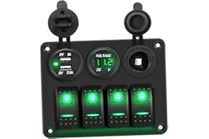 4 Gang Led Boat Switch Panel with 12V Cigar Lighter Voltmeter 2 USB Chargers Water Proof Toggle Switches Universal for Cars R