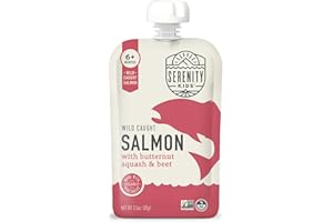 Serenity Kids 6+ Months Baby Food Pouches Puree Made With Ethically Sourced Meats & Organic Veggies | 3.5 Ounce BPA-Free Pouch | Wild Caught Salmon, Butternut Squash, Beet | 1 Count