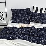 Constellation Duvet Cover Set, 100% Cotton Bedding, Sky Stars Pattern Printed on Dark Navy Blue, with Zipper Closure (3pcs, Queen Size)