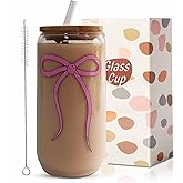 MEOGUTYI Pink Bow Cup, Cute Bow Glass, 16 OZ Glass Cups with Lids and Straws, Coffee Cup, Gift for Her in Graduation Season, Mother's Day, Valentine’s Day, Birthday, Christmas Day
