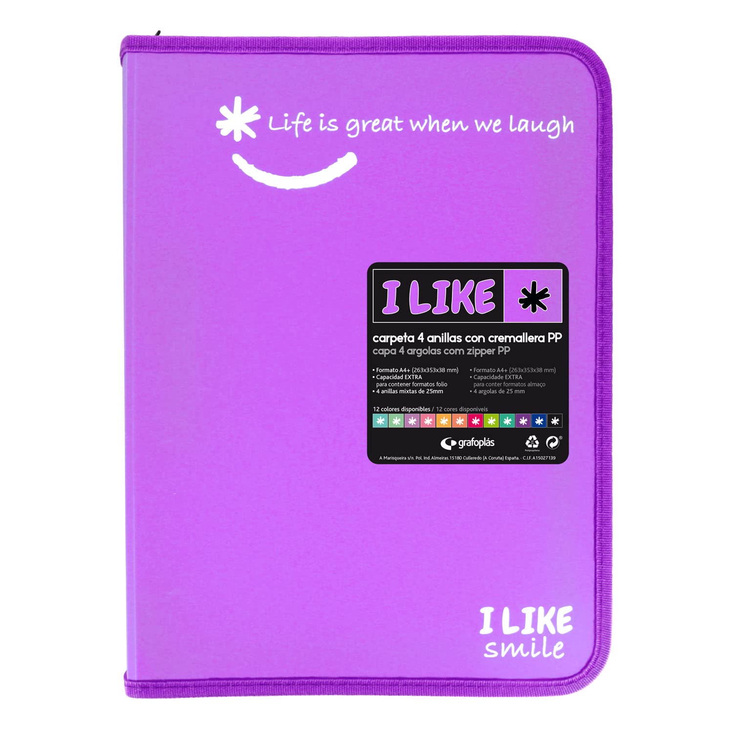 Grafoplás 4800969. Ring Binder with Zip, A4+, Lavender, 4 Rings 25 mm, Like, Polypropylene