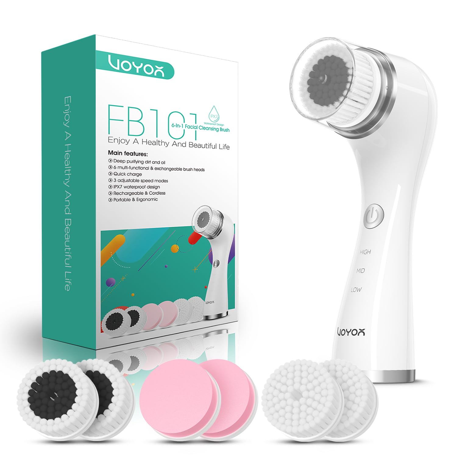 VOYOR Facial Cleansing Brush Electric with 3 Types of Replacement Heads Face Scrubber 3 Speeds Adjustable Face Brush for Skin Deep Cleansing and Exfoliation Rechargeable Face Cleansing Brush FB101