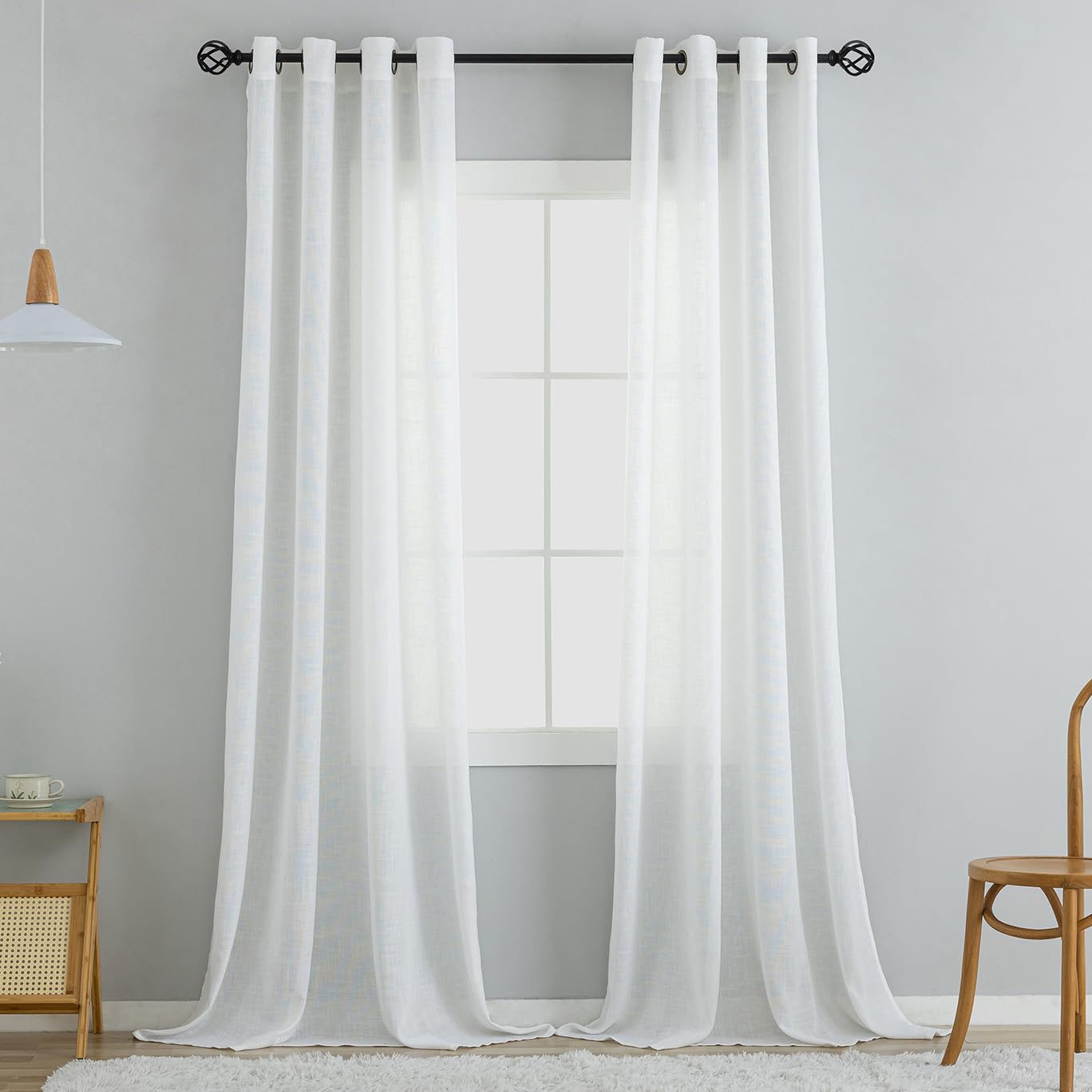 VOILYBIRD Natural Linen Texture Curtains with Eyelets, Linen Curtains for Windows, Living Room (White, H x W 245 x 140 cm, Pack of 2)