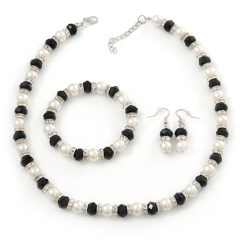Avalaya White Faux Pearl & Black Glass Bead With Diamante Ring Necklace, Bracelet & Earrings Set