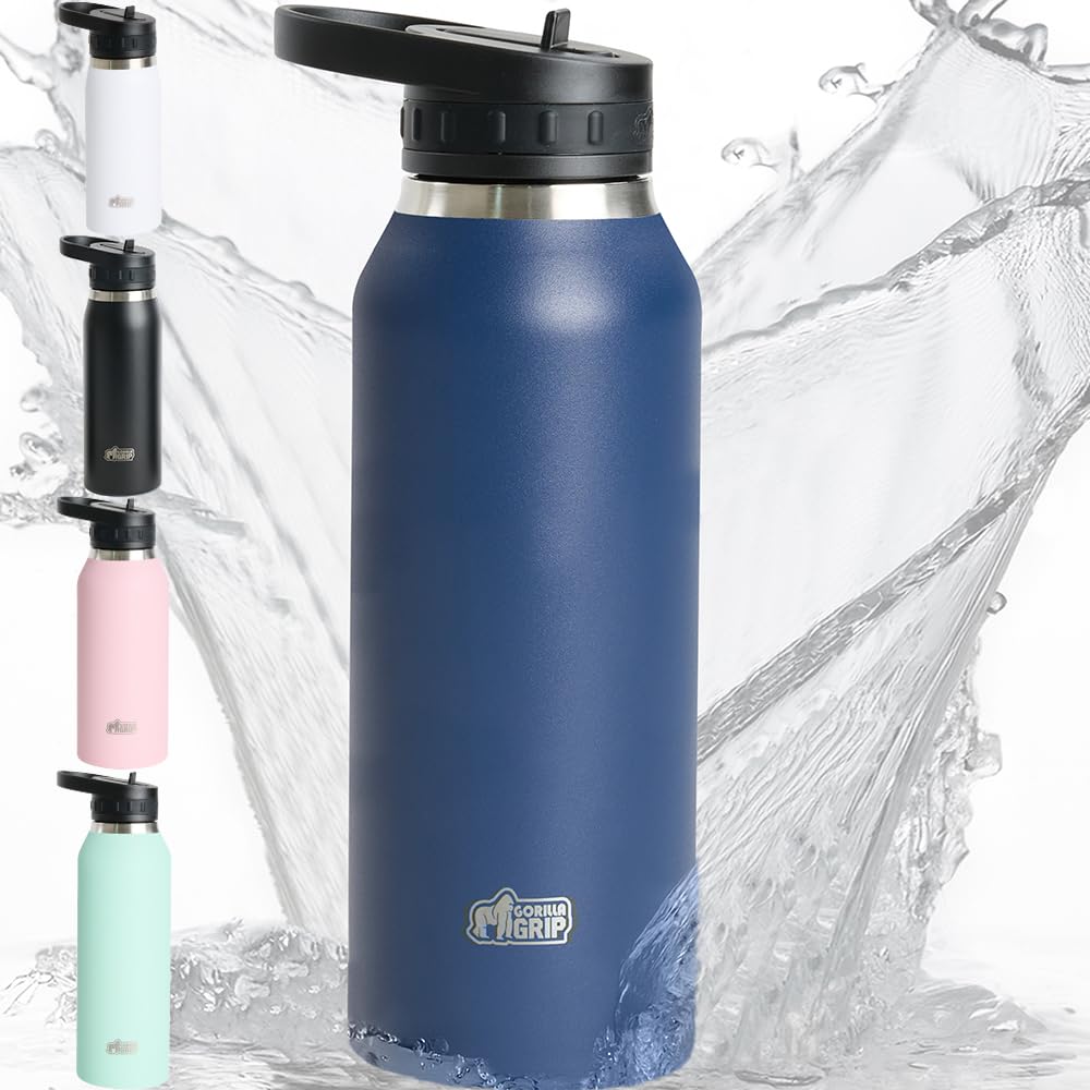 Photo 1 of **COLOR: BLACK** GORILLA GRIP Insulated Stainless Steel Water Bottle with Straw, 40 oz, Leak Proof BPA-Free Reusable Travel Bottles for Sports, School, Keep Drinks Cold, Dent Resistant Tumbler, Dishwasher Safe, Navy