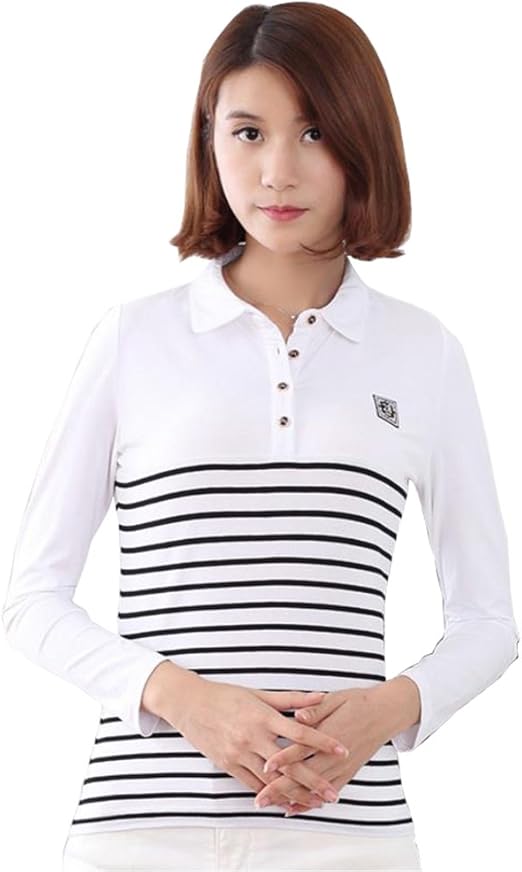 Amazon Fevon ポロシャツ レディース 長袖 トップス 秋 冬 コットン ストレッチ スリム 着痩せ ボーダー柄 カジュアル カットソー スキッパー Tシャツ スポーツウェア ゴルフウェア 大きいサイズ 通勤 事務服 オフィス服 ポロシャツ 通販