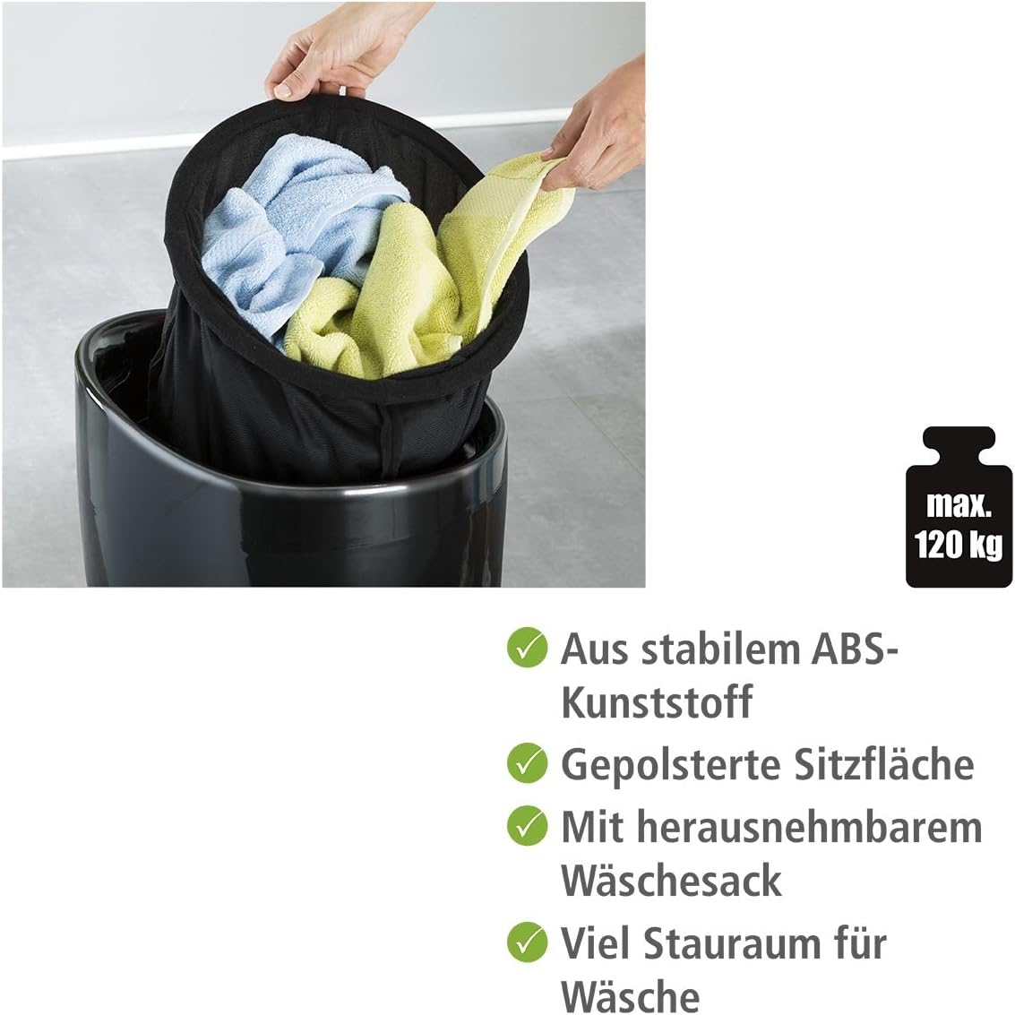 WENKO 20630100 Bathroom stool Candy Black - laundry collector, Acrylonitrile-Butadiene-Styrene (ABS), 36 x 50.5 x 36 cm, Black - Image 3