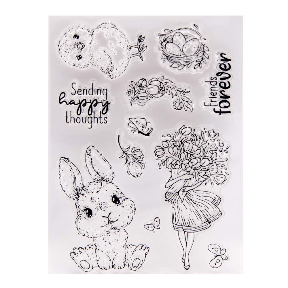 Arrietty Happy Easter Egg Bunny Chicken Flowers Butterfly Sending Happy Thoughts Clear Stamps for Card Making Decoration and DIY Scrapbooking Tools Rubber Stamps