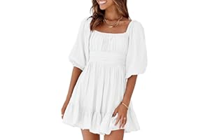 Dokotoo Womens Summer Dresses Square Neck Tie Back Lantern Sleeve Ruffle A-Line Casual Dress