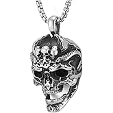 COOLSTEELANDBEYOND Mens Stainless Steel Large Vintage Skull Pendant Necklace with 30 inches Wheat Chain, Gothic Biker