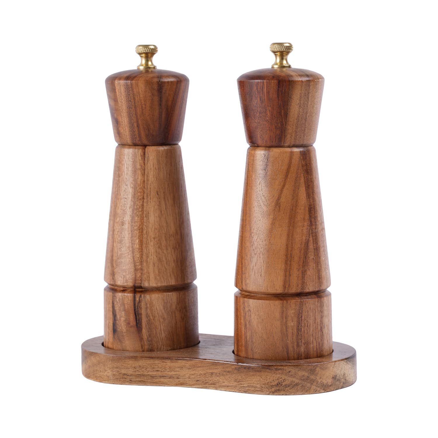 DeroTeno Salt and Pepper Mill Set with Tray, Adjustable Ceramic Grinder Salt Mill, Stainless Steel Grinder Pepper Mill, Acacia Wood, 16.5 cm Height, Bottom Dia 5 cm (Tray is Included)