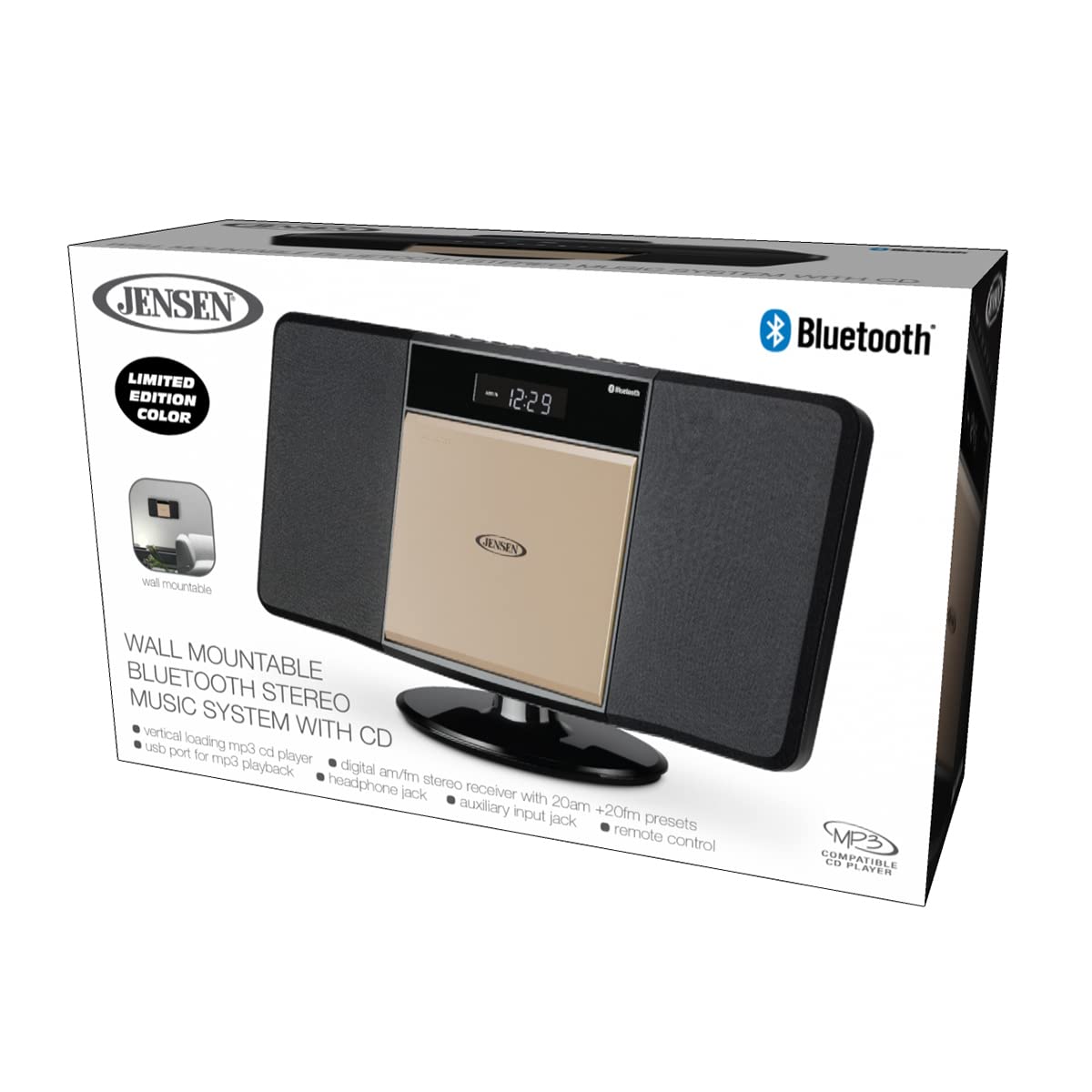 Jensen JBS-300 Champagne Gold Modern Bluetooth Stereo Music System for Home with CD/MP3/WMA Player Wireless Streaming USB Port for MP3 Playback | AM/FM Stereo (Remote Included) (Limited Edition)