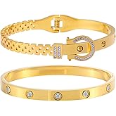 Acnode 2PCS Gold Bracelets for Women Friendship & Love Theme Crystal Bangle Set Stainless Steel Non Tarnish Jewelry, Ideal Birthday Gift.