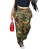 Vakkest Women's Camo Cargo Pants Casual High Waist Wide Leg Army Military Plus Size Joggers Trousers with Pockets