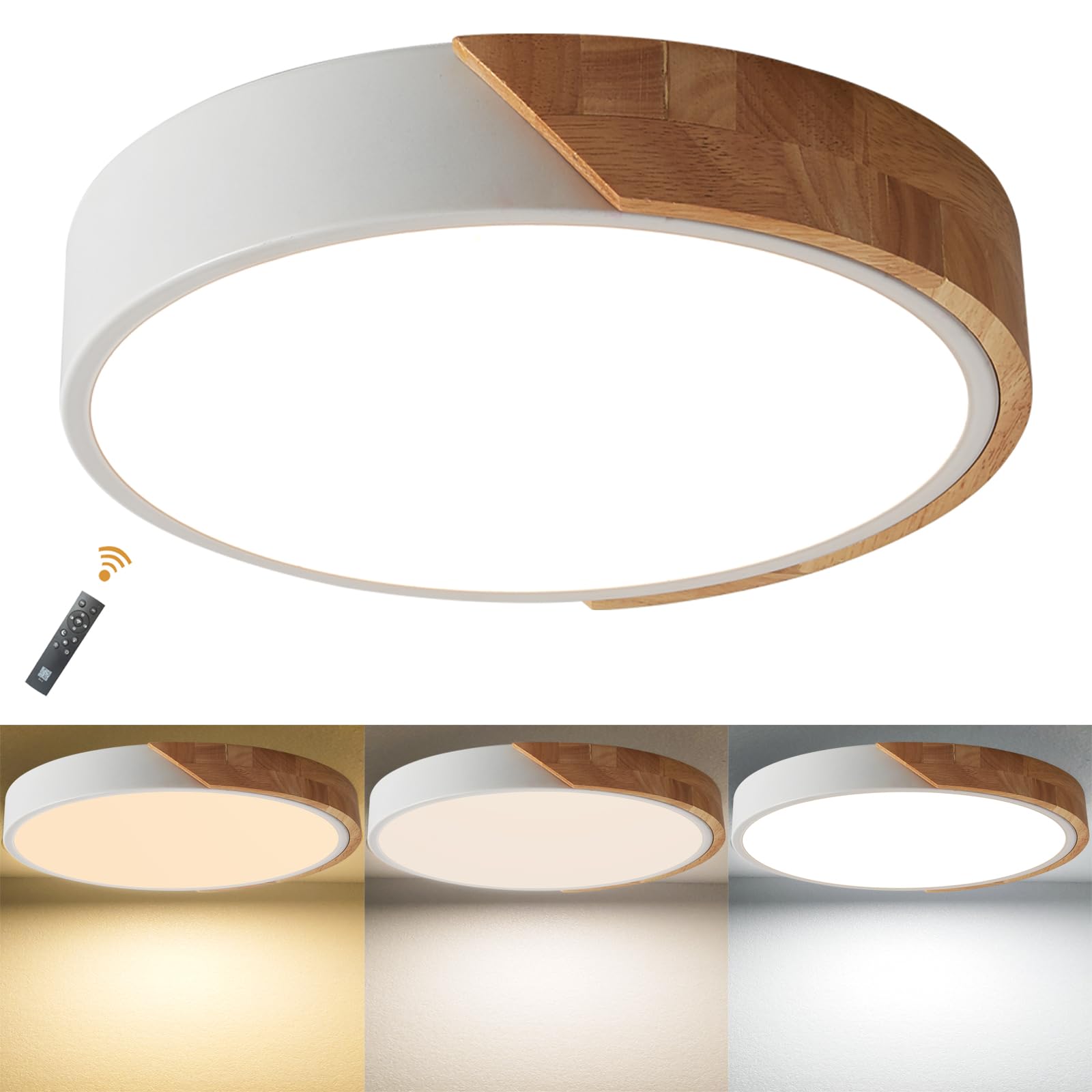LuFun LED Ceiling Lights Dimmable 24W White, Light Fitting Ceiling Modern Wood Flush Mount Ceiling Light for Living Room Bedroom Kitchen Lounge Hallway, Ø30cm — image 1