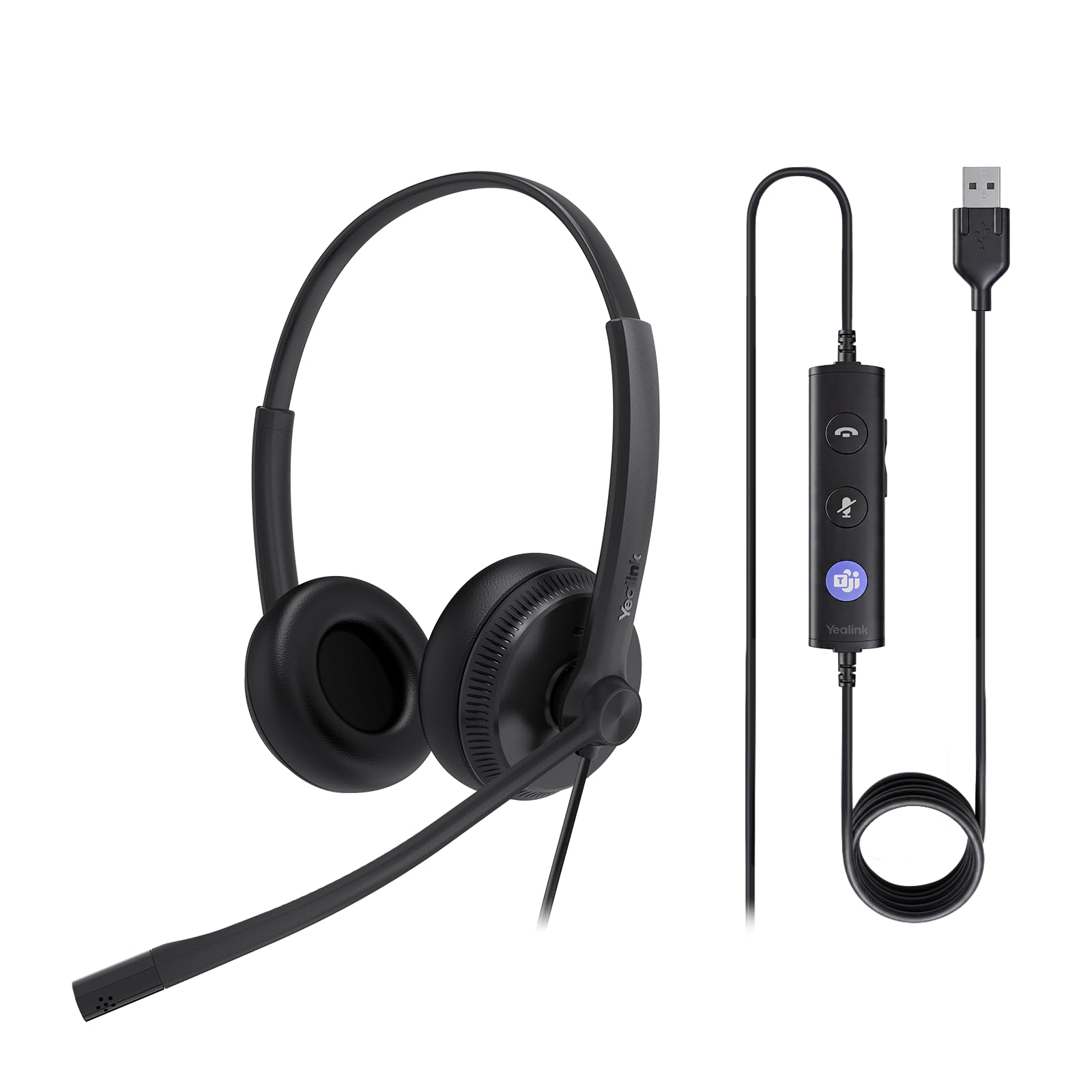 Yealink UH34 Headset Certified for Microsoft Teams USB-A Stereo Headsets with Microphone Noise Cancelling for Call Center Business Office VoIP Phone PC Laptop Computer Headset (Leather Ear Cushion)