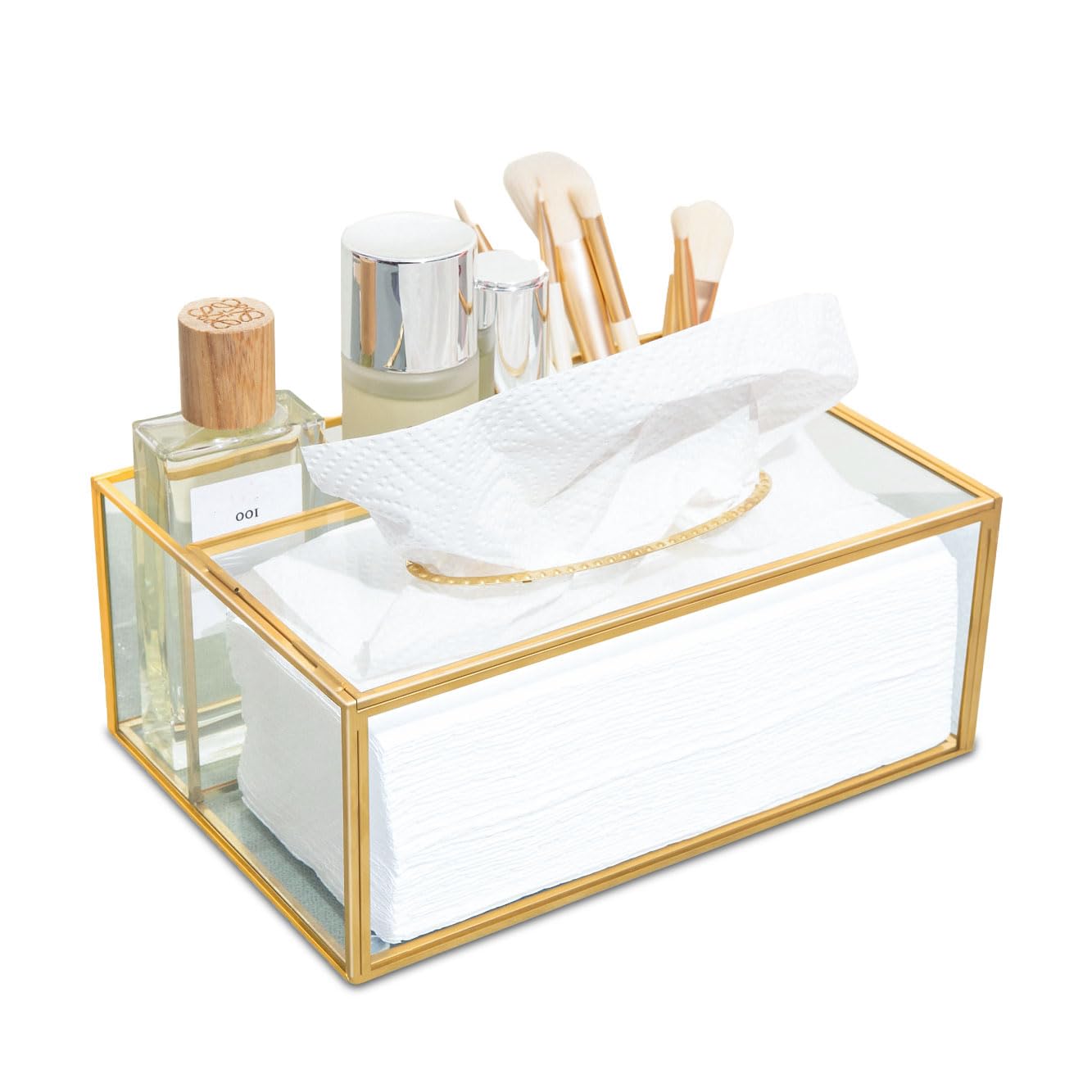 SLHEQING Rectangular Tissue Box Holder Gold Tissue Box Cover with Remote Container Glass Boxes of Tissues, Multifunctional Desktop OrganIzer for Bathroom Home Office