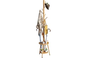 FILWH Freestanding Coat Rack with Umbrella Organizer Tray Bamboo Coat Tree Rack with 8 Hook Stand for Clothes Bag Hats Entryway Hanger Stand(Nature)