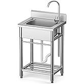 Utility Sink Free Standing Single Bowl Kitchen Sink with Cold and Hot Water Pipe Stainless Steel Sink for Laundry Room Bathro