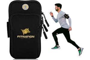 FITNATION Water Resistant Phone Armband Running Pouch for for iPhone 11/12/13/14 Pro Max, Samsung Galaxy S23/S22/S21/S20/Z Fold/Note, Huawei, Xiaomi, OnePlus & More (up to 7") Adjustable Strap & Pocket (Black)
