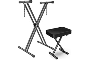 GLEAM Keyboard Stand and Bench Set, Double X Style Digital Piano Stand Height from 19" to 38", Heavy Density Foam Padded Stool from 14" to 18" Black