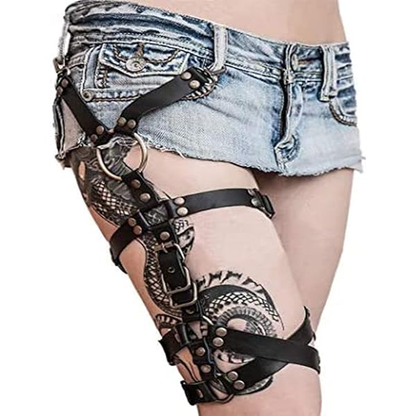 9616 Punk Waist Garter Belt Full Body Chain Harness For Women Photography Amazon.com: Punk Body Chain Leather Leg Garters Harness  main image 2