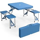 GODECOR 4Ft Folding Camping Picnic Table with 4 Chairs with Umbrella Hole Lightweight Suitcase Card Table-220 Lbs Support Alu