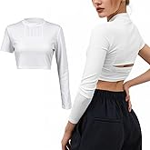 DAZCOS Women's Crop Tank Top White Asymmetric Long Sleeve Cutout Back Slim Short Sleeve Vest Adult Tee Shirt for Party