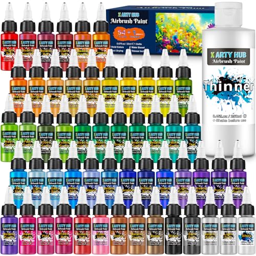 X Art Hub Airbrush Colours – 54 Colours with 250 ml Thinners, Acrylic Paints for Iridescent Modeling, Neon and Metallic Ready to Use, Water-Based Paint Set