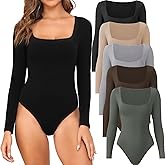 CE' CERDR 4/5 Pack Long Sleeve Body Suits Womens Square Neck Bodysuits Basic Shirts Stretchy Fitted Tops