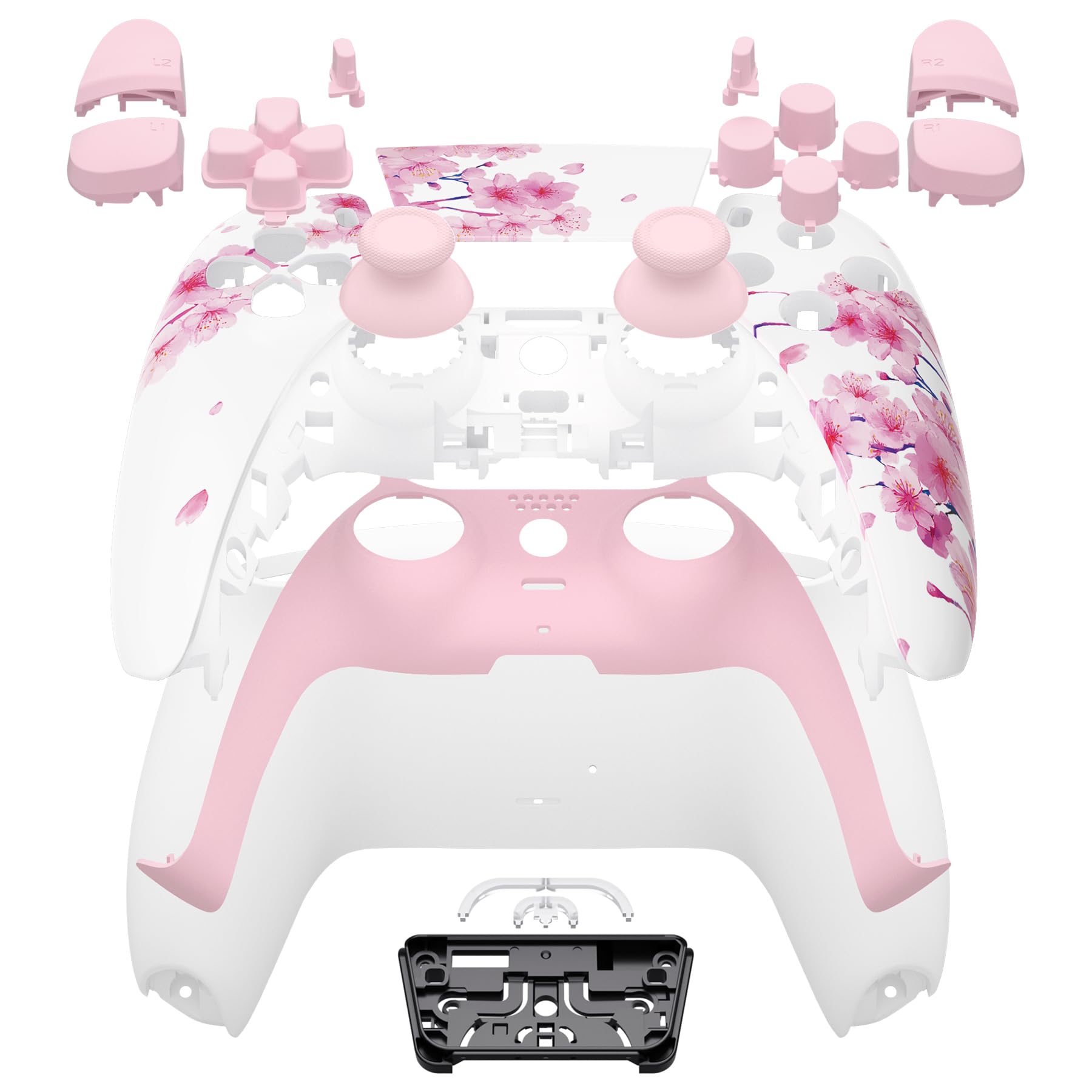 eXtremeRate Cherry Blossom Whisper Full Set Shell Buttons Touchpad Cover, Custom DIY Replacement Decorative Trim Shell Front Back Plates Compatible with p s 5 Controller BDM-030 BDM-040 BDM-050 Models
