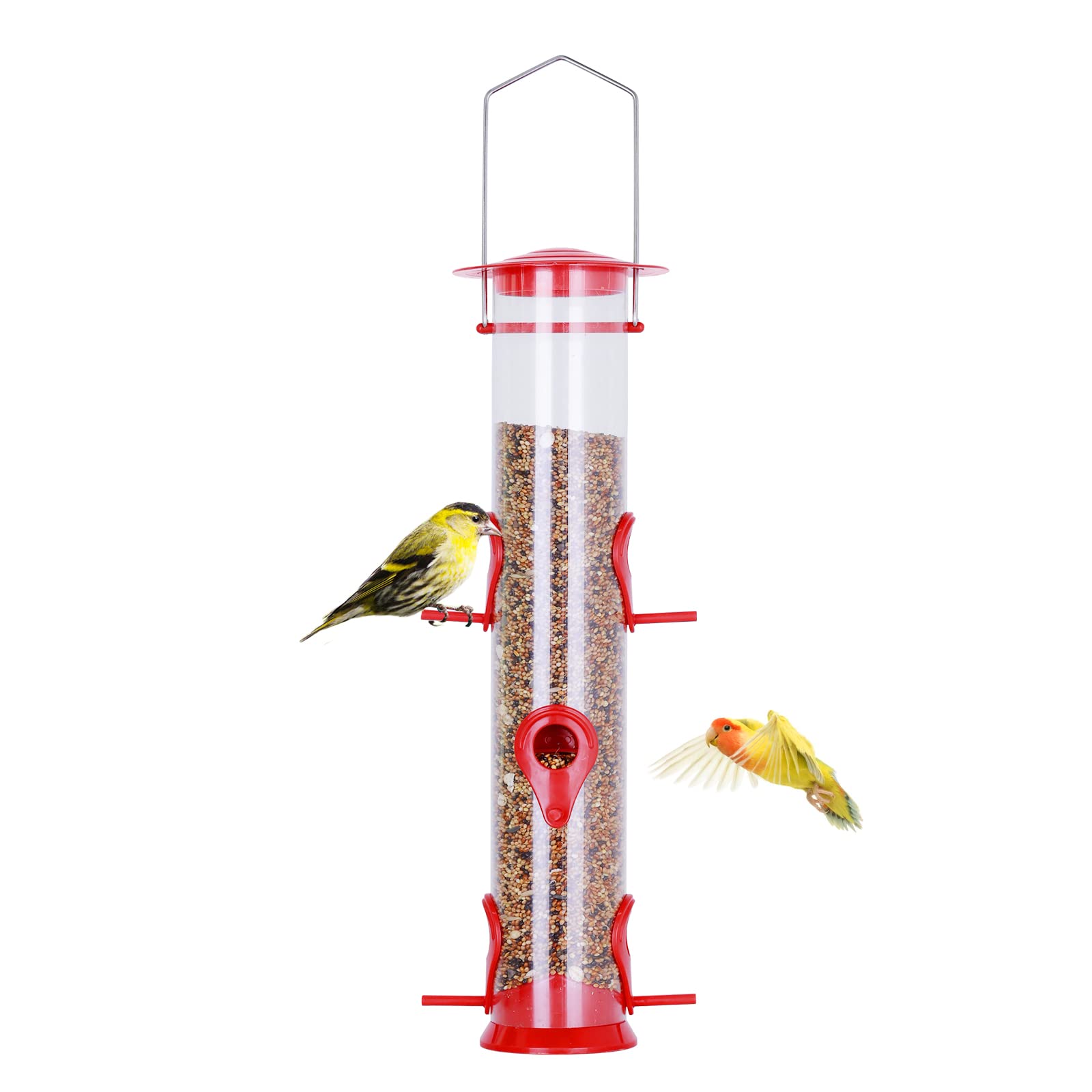 Urban Deco Bird Feeders Hanging Plastic Tube Bird Seed Feeder With 6 Ports Niger Seed Bird Feeder With Steel Hanger Weatherproof Fat Ball Bird Feeder For Small Birds - Red - 1 Pack — image 1