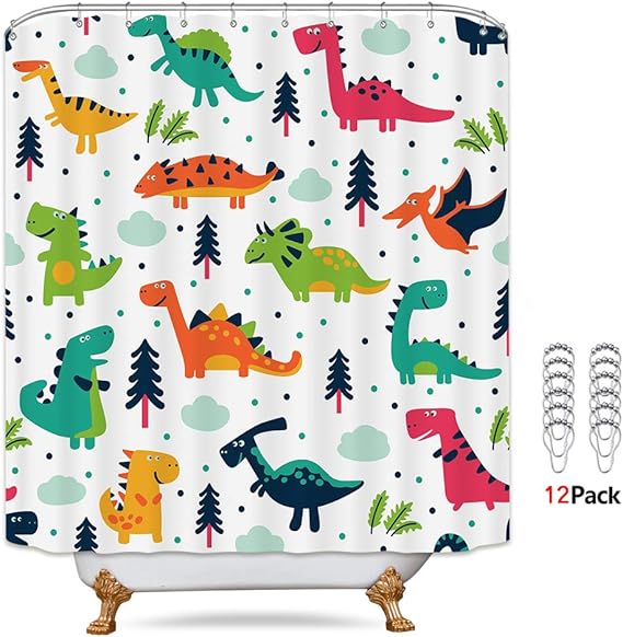 Riyidecor Dinosaurs Shower Curtain Colorful Metal Hooks 12