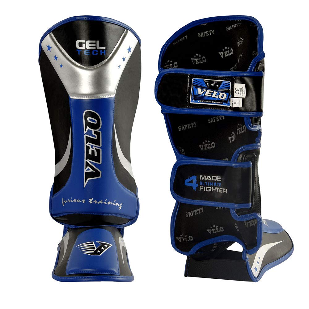 VELO Shin Instep Muay Thai Guards MMA Pads Boxing Kickboxing Leg Foot Guard Blue Black