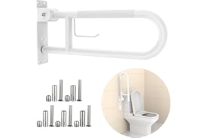Toilet Grab Bar 22.4 Inch, ZUEXT White Anti-Slip Support Rail, U Shaped Flip-Up Grab Bar with Paper Holder, Stainless Steel K