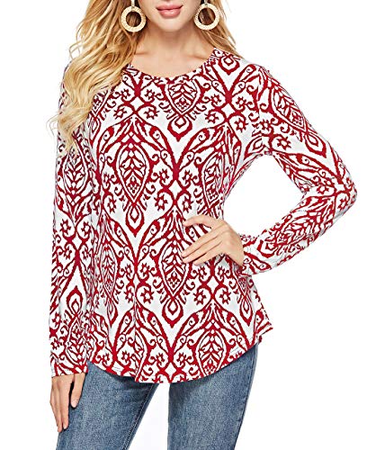 Sarin Mathews Womens Floral Printed Long Sleeve Round Neck Loose Fits Casual Tunic Shirts Tops Blouses Burgundy L