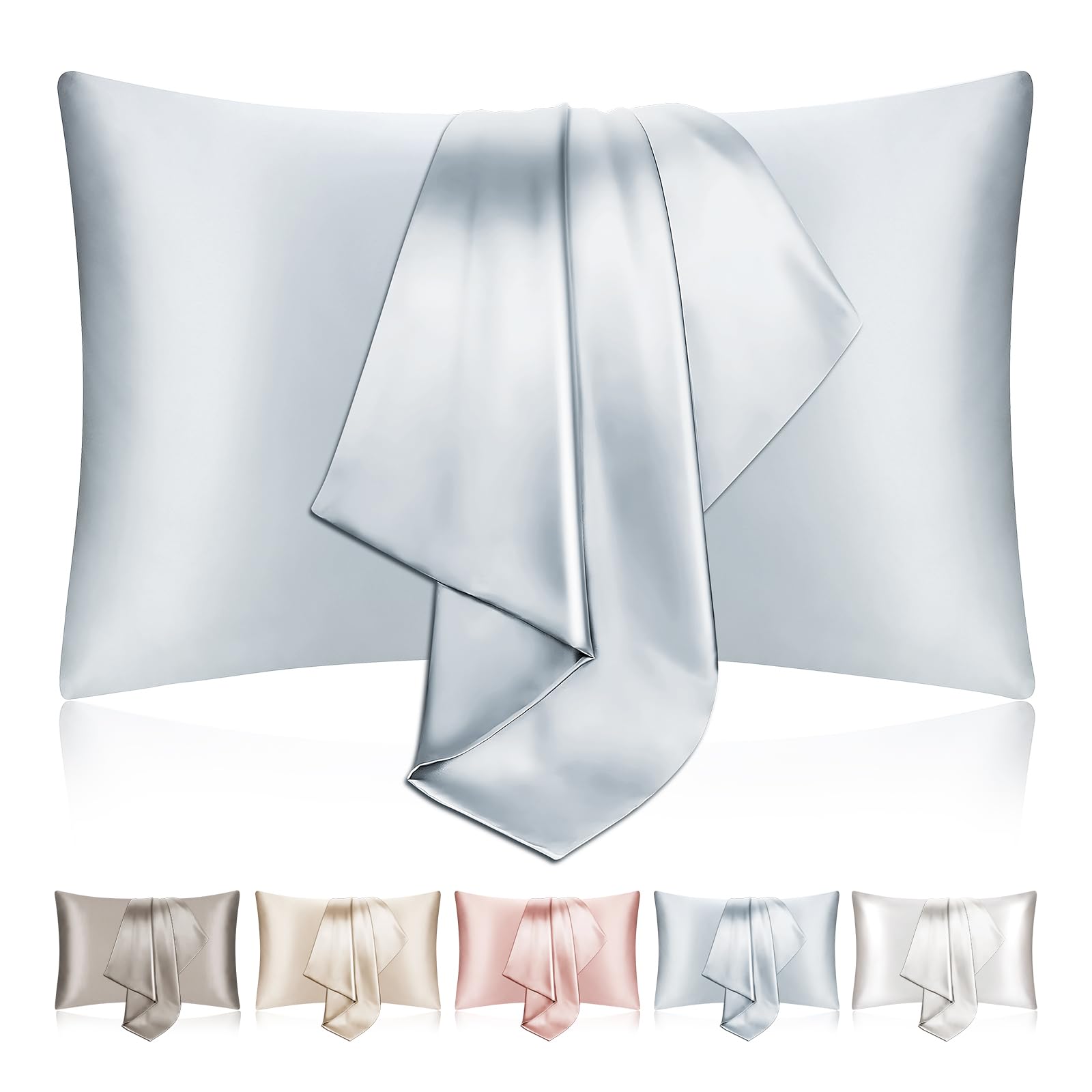 SILKTALE Natural Zip Mulberry Silk Pillow Case 2 Pack for Hair and Skin,Light Blue,Queen Size 50 x 75 cm