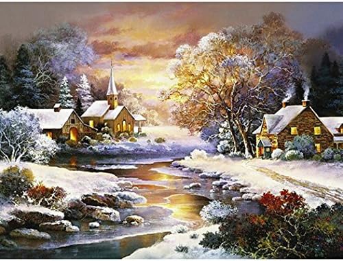 Wotion 15.75"x11.81" Winter River House Full Drill All Square DIY 5D Diamond Rhinestone Embroidery Cross Stitch set Arts Craft Gift