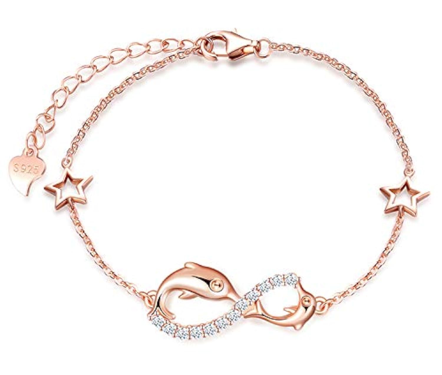 MicLee Woman's girl's Bracelet, 925 Sterling Silver bracelet, Dolphin and infinity symbol bracelet, with mini hollow star, Inlaid zircon, adjustable chain, design of ocean theme bracelet